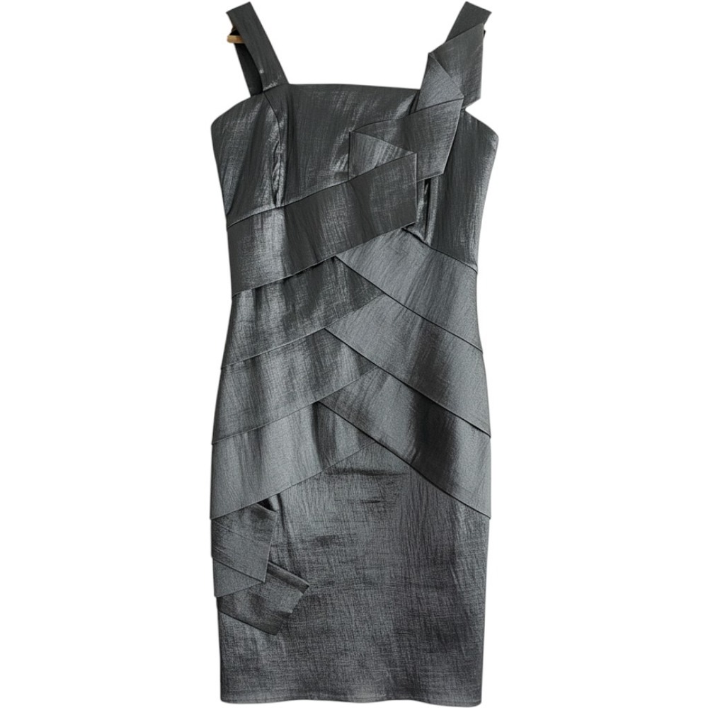 Chicas Cocktail Dress Womens Large Silver Excellent Metallic Tiered Bandage 5010